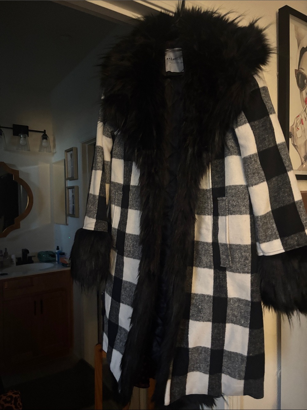 Black & White Buffalo Check Coat with Black Faux Fur Trim - Women